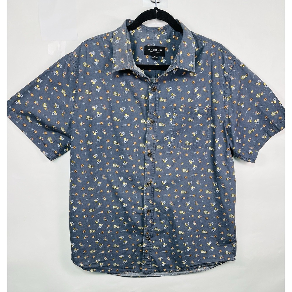 Pacsun Men's Size XL Button Up Blue Floral Short Sleeve Shirt Summer Basic EUC‎